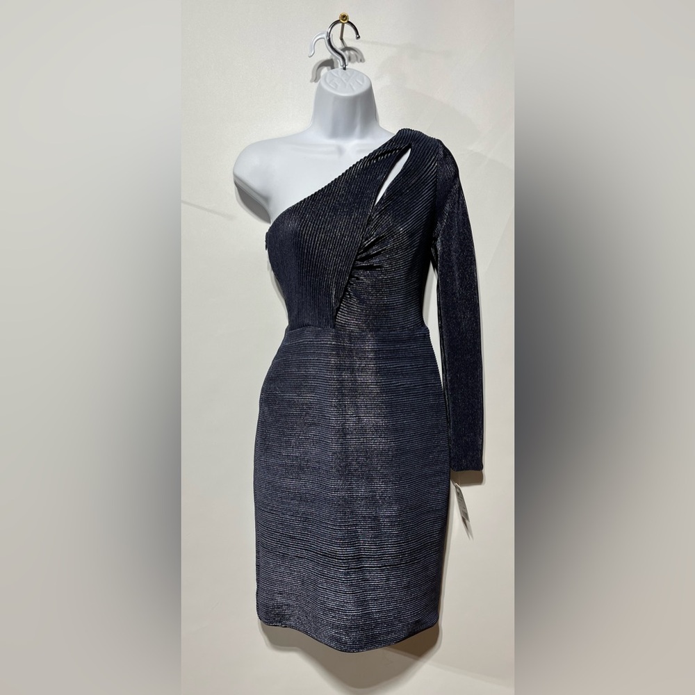 AQUA Formal Navy Stretch Metallic Pleated Ribbed Pinstripe Mini Dress Size 2 NWT